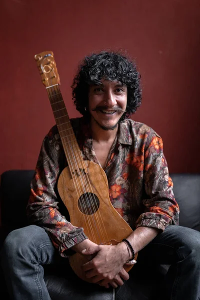 Portrait Young Mexican Musician Smiling His Jarana Guitar — Stockfoto