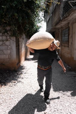 İspanyol bir çiftçi omzunda bir kahve torbası taşıyor. Yerel kahve üretimi kavramı