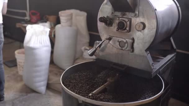 焙煎機の冷却トレイの中に濃い焙煎コーヒー粒が混在しています 地元のコーヒー生産の概念 — ストック動画