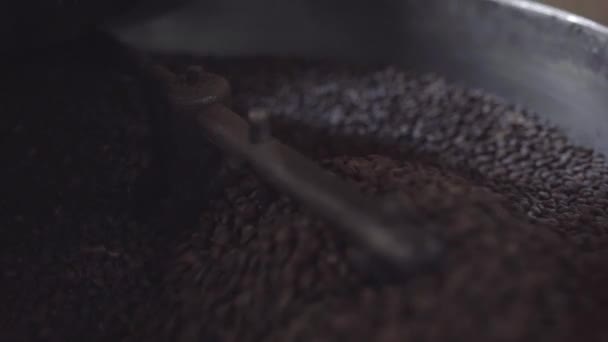 Kavrulmuş Kahve Taneleri Kızartma Makinesinin Soğutma Tepsisinde Karıştırılıyor Yerel Kahve — Stok video