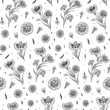 Siyah ve Beyaz El Çiçek Vektörü Kusursuz Desen. Klasik ürün tasarımı, kumaş, arka plan, davetiyeler, ambalaj tasarım projeleri için harika. Yüzey deseni tasarımı.