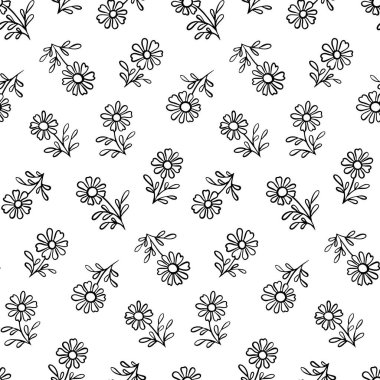 Siyah ve Beyaz El Çiçek Vektörü Kusursuz Desen. Klasik ürün tasarımı, kumaş, arka plan, davetiyeler, ambalaj tasarım projeleri için harika. Yüzey deseni tasarımı.