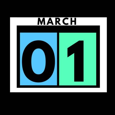 1 Mart. Mart ayı için renkli düz günlük takvim simgesi. Tarih, gün, ay. takvim