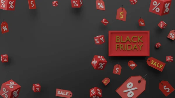 黑色星期五销售红色标志与百分比符号和美元价格标签和立方体选择焦点3D渲染说明 — 图库照片