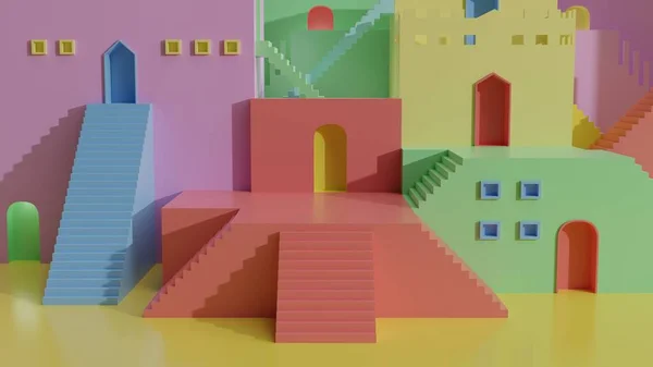 多彩的带有楼梯和门的别墅展示了模拟基座展示台上的儿童游戏 用于产品演示3D渲染说明 — 图库照片