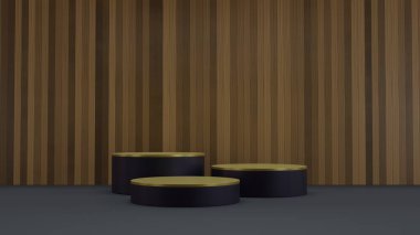 Mockup silindirik siyah ve altın kaplama vitrin sahne sahne dikey tahta duvarda ürün sunumu için 3D resimleme