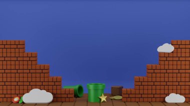 Tamamlanmamış oyun sahnesinin tasviri, ünlü oyun prodüksiyon stüdyosunun perde arkası konsepti, 3D görüntüleme