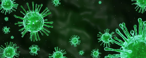 Coronavirus Baktériumok Covid Banner Illusztráció Mikroszkopikus Nézete Úszó Influenza Vírus — Stock Fotó