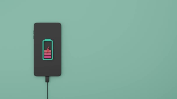 画面上のバッテリーインジケータアイコンとスマートフォンの充電3Dレンダリングイラスト — ストック動画