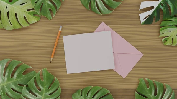 用空白纸包着节日贺卡或写在木制木板上的情书 上面还附有紫杉树的3D渲染插图 — 图库照片