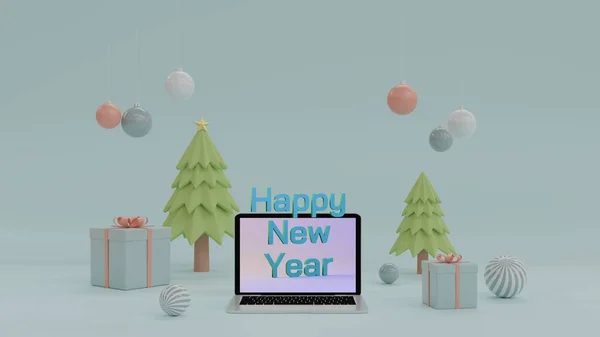 Ноутбук Компьютер Текстовой Иллюзией Экране Новогодней Елкой Подарок Коробку Украшения — стоковое фото