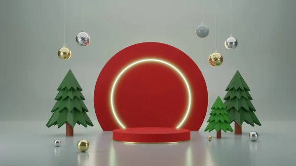 Prázdný Válcový Displej Pódia Svítícím Neonovým Rámečkem Jako Vánoční Pozadí — Stock fotografie
