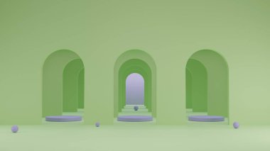 Minimalizm soyut silindirik geometrik podyum vitrin sahnesini ürün tanıtım tanıtımı sunumu için kemer tünel kapılarıyla modelleyin.