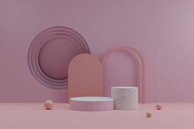 Minimalizm soyut geometriği, ürün tanıtım tanıtımı veya kozmetik ürün görüntüleme sunumu için basamaklı dairesel pencere tünel arkaplanı ile podyum vitrinini taklit eder.