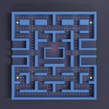 Eski atari oyunu sarı nokta yiyicinin labirent veya labirent ekran görüntüsü 3 boyutlu resimleme