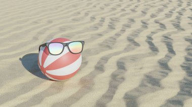 Minimal beach ball wearing sunglasses on summer beach tropical sand and sea summertime vacation concept 3D rendering illustration