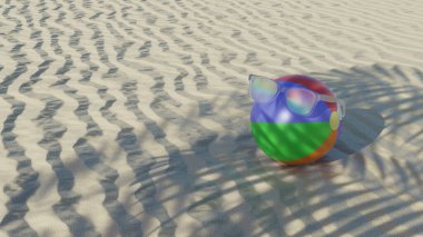 Minimal colorful beach ball wearing sunglasses on summer beach with tropical palm shadow on sand and sea summertime vacation concept 3D rendering illustration