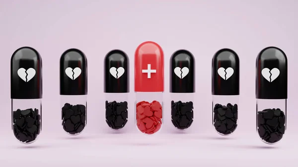 Любовь Исцелить Концептуальные Красные Капсулы Медицины Внутренней Красной Формы Сердца — стоковое фото