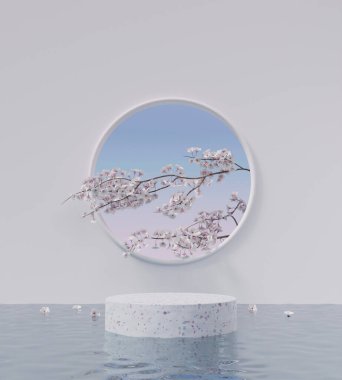 Su yüzeyindeki beyaz silindirik terrazzo podyum sahnesini doğal kiraz çiçekleri dallarıyla ve ürün sunumu için yuvarlak pencereyle süsleyin.
