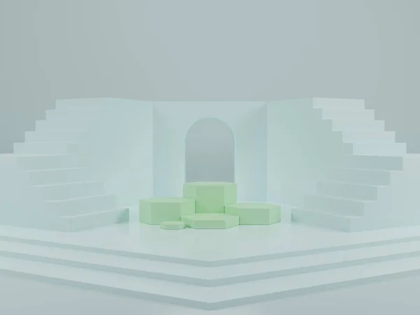 Minimal Grünes Sechseckiges Präsentationspodest Mit Treppe Auf Hellblauem Hintergrund Rendering — Stockfoto