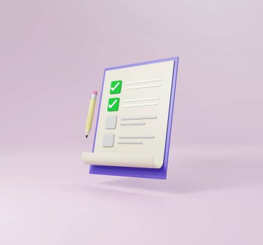Asgari kontrol listesi not defteri belgesi ya da pano ve kurşun kalemle planlama görevi için 3B resimlendirme ile havada asılı duran listeler