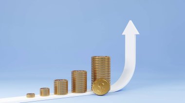 Coin stacks with white arrow upward concept of growth saving money or investment for future 3D rendering illustration