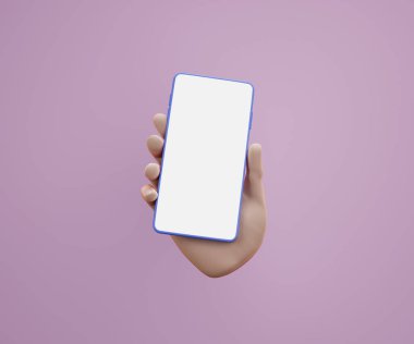 Pembe arka planda küçük el boş ekran akıllı telefonu modelleme aracı olarak tutarken 3B resimleme