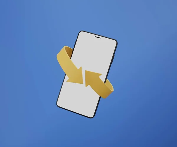 Minimalne Puste Ekranu Smartfona Prostą Żółtą Strzałką Obracać Się Jasnoniebieskim — Zdjęcie stockowe