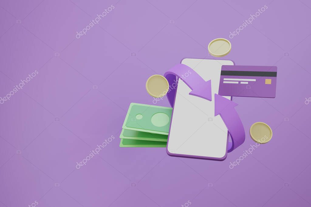 Minimal cashback refund arrow shape around smartphone with bills coins and credit card on purple background 3D rendering illustration
