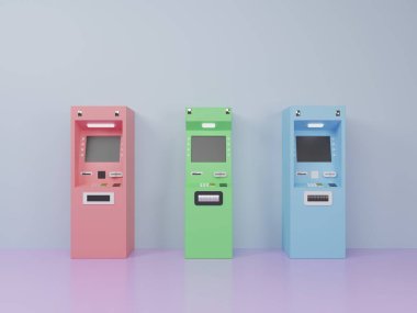 Üç renkli ATM otomatik veznedar ya da ADM otomatik para makinesi. Finansal çevrimiçi işlem 3D görüntüleme için duvara dayanıyor.