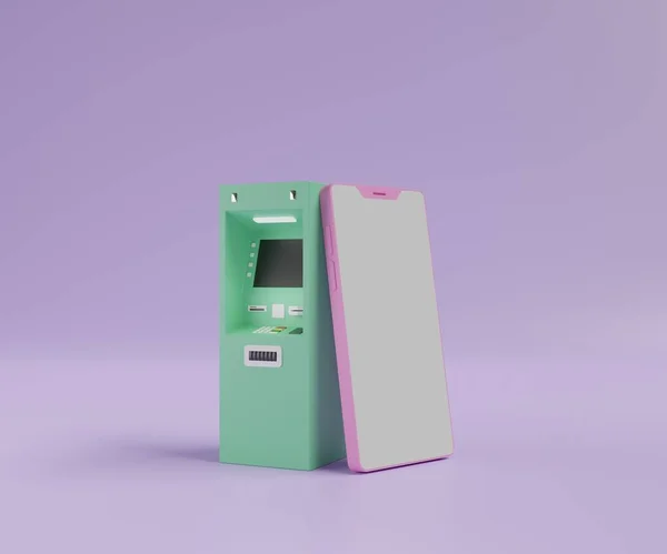 Smartphone Opiera Się Bankomacie Bankomat Automatyczny Depozyt Jako Internet Przelew — Zdjęcie stockowe
