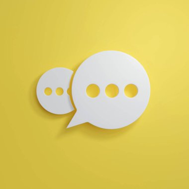 Beyaz konuşma balonu veya mesaj sohbet simgesi sarı arkaplan iletişim konsepti 3D resimleme