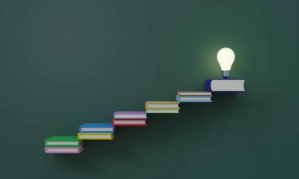 Studying is stairway to success concept of improve by education light bulb on top of stairs of books 3D rendering illustration