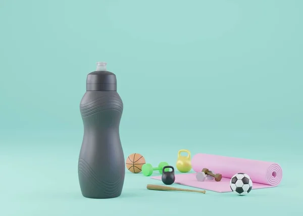 Huge sport water bottle bidon with sport equipment yoga mat dumbbell kettlebell baseball bat and balls concept of drink water while workout fitness training 3D rendering illustration