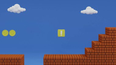 Old arcade video game with pit and stairs scene with levitating yellow item box and exclamation marks and coins 3D rendering illustration