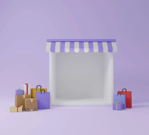 Empty mock up display kiosk shopping store front box with striped awning product exhibition showcase booth with cardboard parcel boxes and shopping bags for advertising 3D rendering illustration