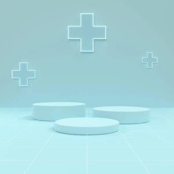 Minimalism cylindrical product display podium with glow medical cross or plus symbol health care 3D rendering illustration