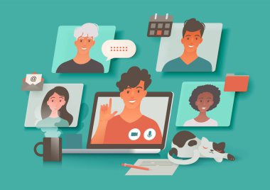 Telekonferans yoluyla bir araya gelen insanlar dizüstü bilgisayar kullanıyorlar. Sanal toplantı, serbest çalışma, e-öğrenme, çevrimiçi iletişim ve konsept vektör çizimi.