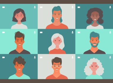 İnsanlar görüntülü arama yoluyla bir araya geliyor. Telekonferans yoluyla sanal buluşma ve öğrenme. Çevrimiçi iletişim konsepti vektör çizimi.