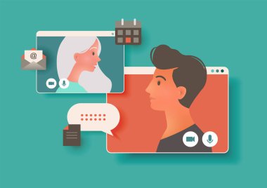 Bir video konferans görüşmesiyle iş arkadaşları arasında sanal görüşme. Serbest çalışma, e-öğrenme, çevrimiçi iletişim ve konsept vektör çizimi.