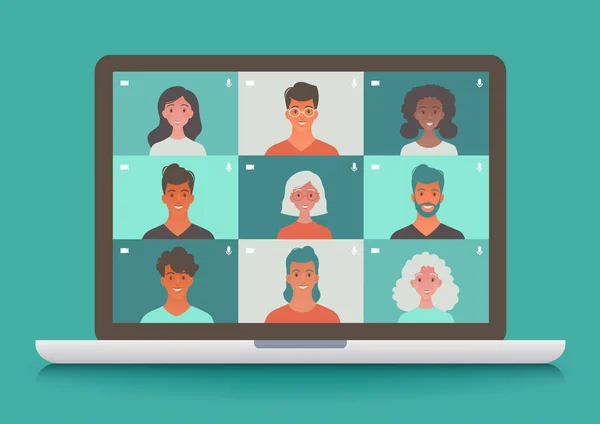 Εικονική Συνάντηση Και Μάθηση Μέσω Τηλεδιάσκεψης Άνθρωποι Μαζεύονται Μέσω Της — Διανυσματικό Αρχείο