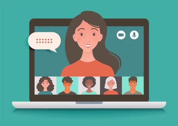 Virtuální Setkání Video Konferenční Hovor Pomocí Notebooku Chatování Kolegy Online — Stockový vektor