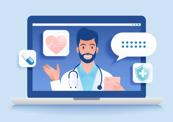 Telemedicine Concept Vector Illustration Visiting Doctor Using Online Technology Laptop — Stock Vector