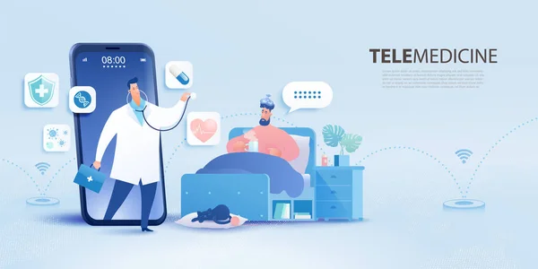 Telemedicine Concept Banner Patient Visiting Doctor Using Online Technology Smartphone — Stockvektor