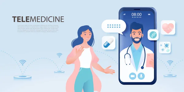 Telemedicina Concepto Vector Banner Mujer Paciente Consultoría Médico Utilizando Tecnología — Vector de stock