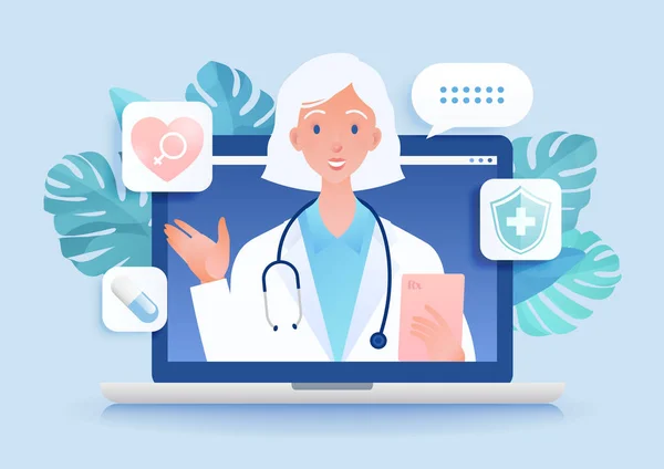 Telemedicine Concept Vector Illustration Visiting Female Doctor Using Online Technology — Stock Vector