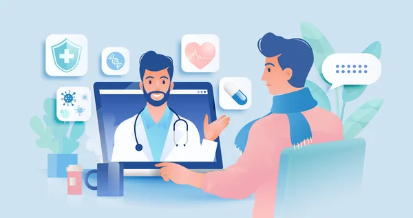 Telemedicina Conceito Vetor Ilustração Vídeo Paciente Chamando Para Ver Médico —  Vetores de Stock