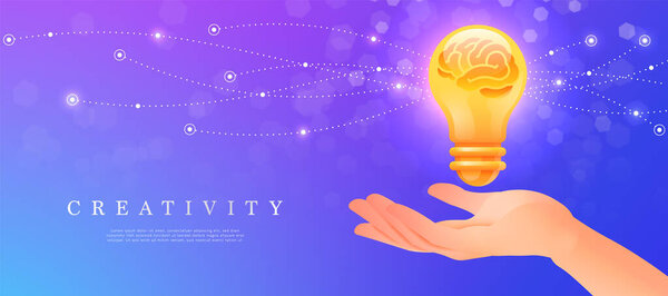 Creativity concept banner with hand holding glowing brain within light bulb on bokeh background. Vector illustration — Stock Illustration Creativity Concept Banner Hand Holding Glowing Brain Light Bulb Bokeh — Stock Vector
