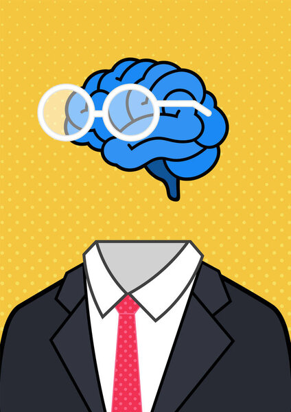 Blue human brain wearing glasses with business body suit cartoony pop art style vector illustration isolated on yellow background — Stock Illustration Blue Human Brain Wearing Glasses Business Body Suit Cartoony Pop — Stock Vector