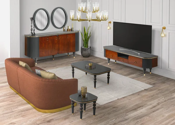 3D render tv room , sofa , side board , coffee table and tv table set in modern decoration